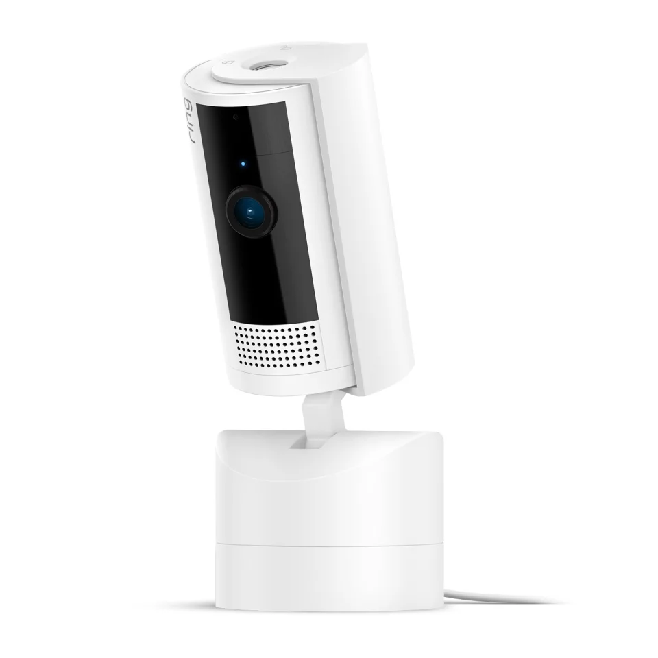 Ring Pan-Tilt Indoor Cam in white, front view on its pan-tilt base