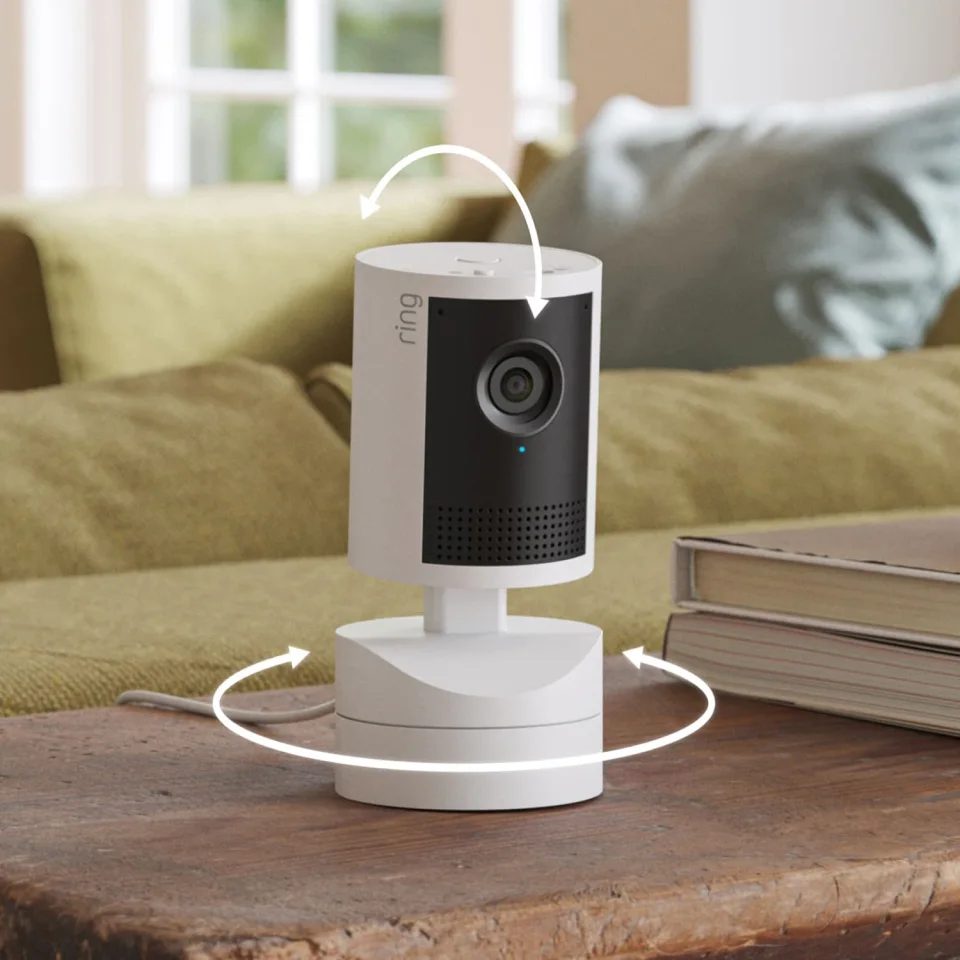 Diagram showing the Ring Pan-Tilt Indoor Cam 2K 360-degree pan coverage