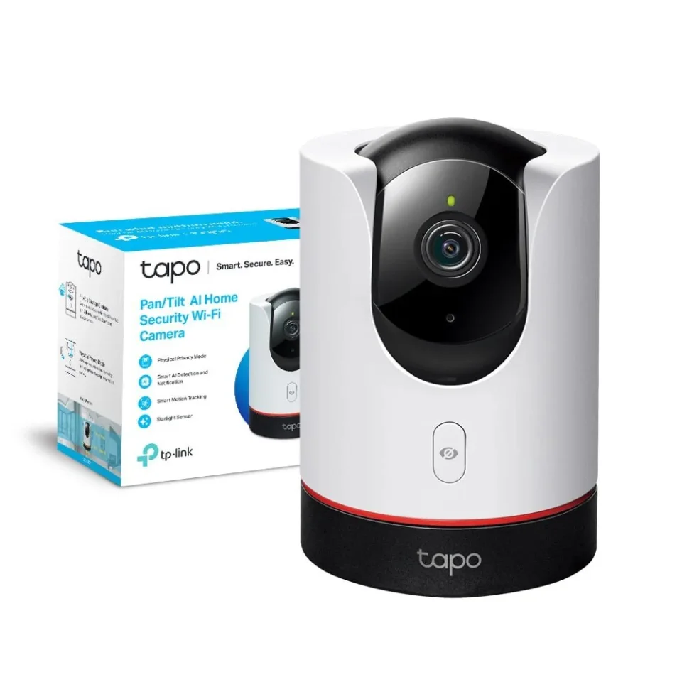 TP-Link Tapo C225 pan-and-tilt indoor security camera with retail box, official product photo
