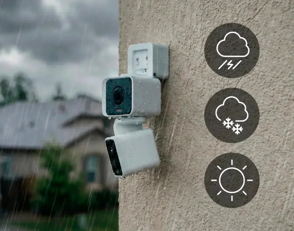 Wyze Duo Cam Pan mounted outdoors in the rain, demonstrating IP65 weather resistance