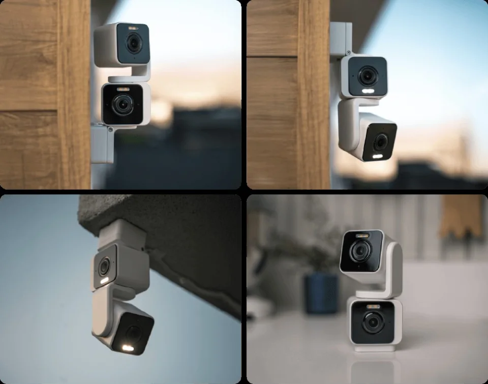 Wyze Duo Cam Pan shown in four mounting positions: wall, corner, ceiling, and tabletop