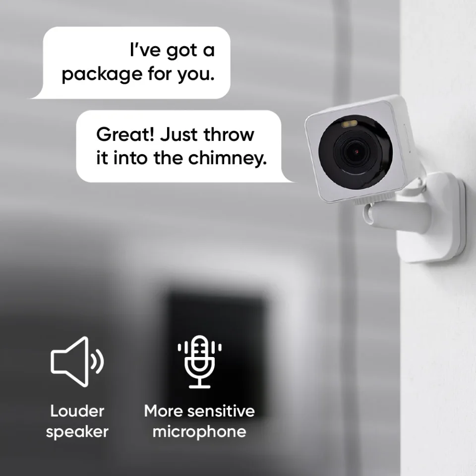 Wyze Cam OG mounted on a wall highlighting two-way audio