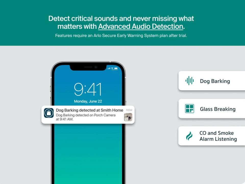 Advanced Audio Detection alert examples on the Arlo Essential Pan Tilt Indoor: dog barking, glass breaking, and CO and smoke alarm listening