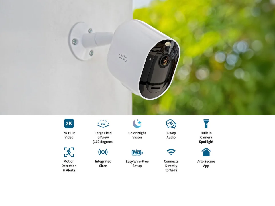 Arlo Pro 5S 2K mounted outdoors showing 2K HDR, 160-degree field of view, color night vision, two-way audio, and integrated spotlight