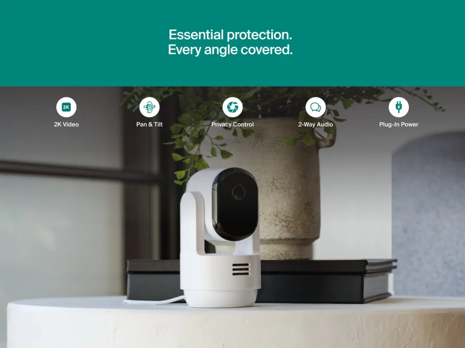 Arlo Essential Pan Tilt Indoor key features: 2K video, pan and tilt, privacy control, two-way audio, plug-in power