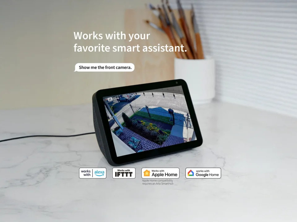 Arlo Pro 5S 2K streaming to a smart display, compatible with Alexa, IFTTT, Apple Home, and Google Home