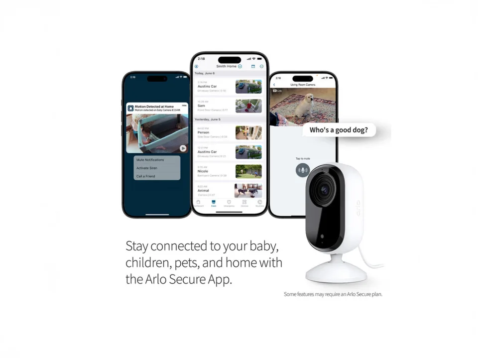 Arlo Secure app on smartphones showing motion alerts, event feed, and two-way talk with the Essential Indoor Camera