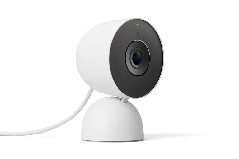 Side angle of the Google Nest Cam Indoor (wired, 3rd gen) showing the power cable