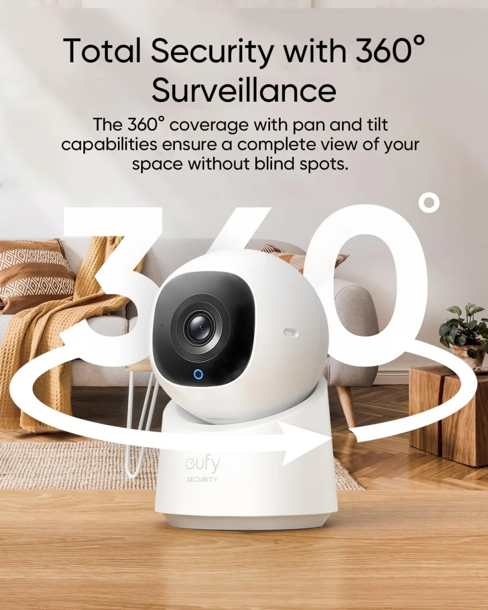 eufy IndoorCam C210 illustrating its 360-degree pan and tilt coverage