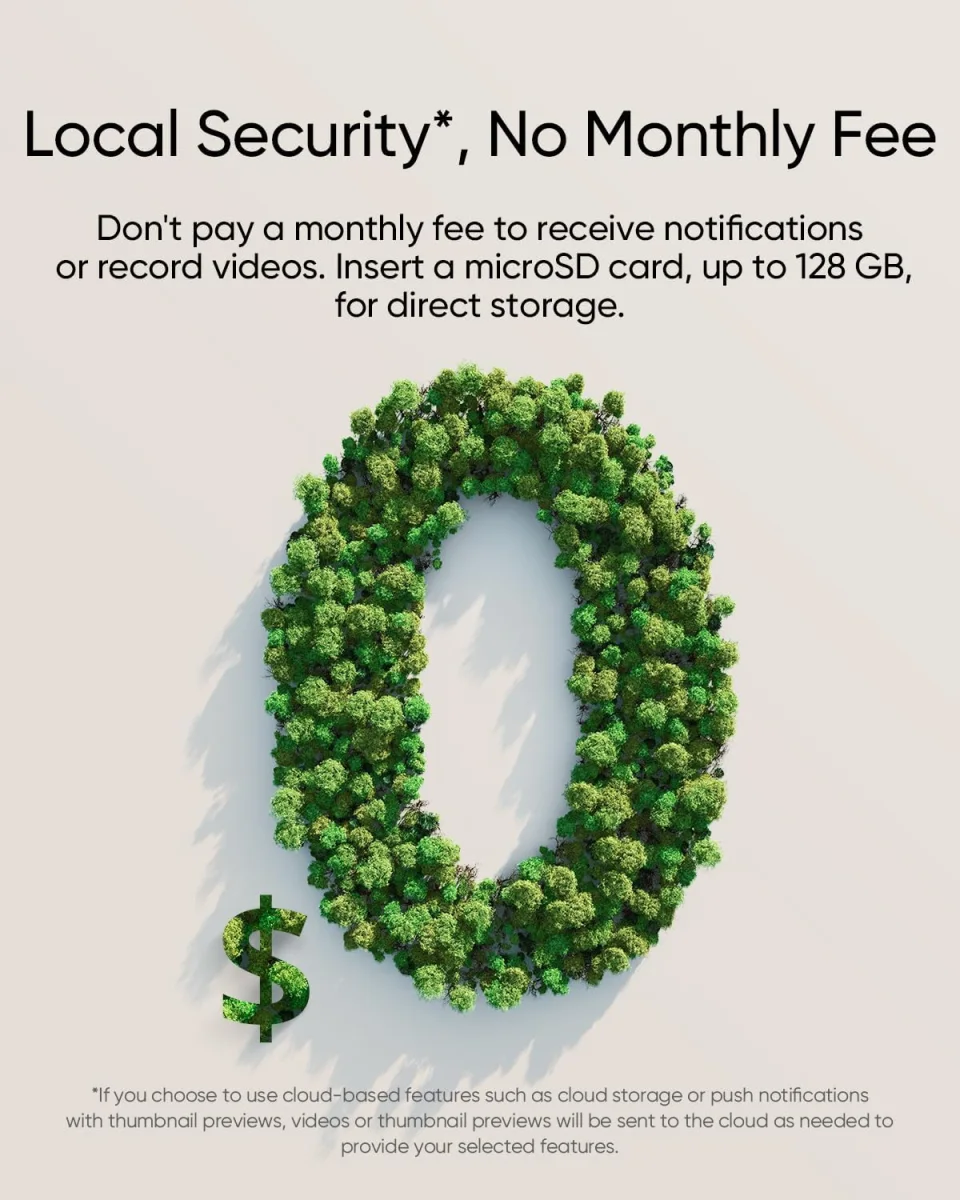 eufy marketing graphic stating local security with no monthly fee via microSD storage