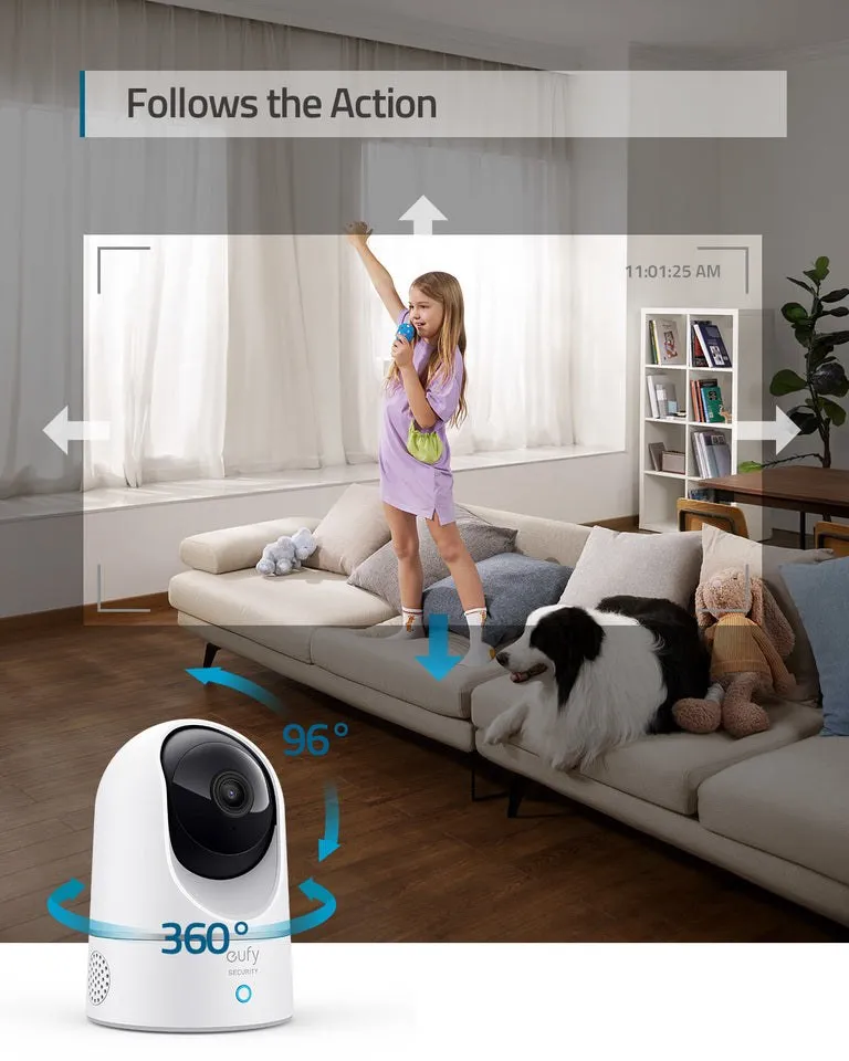 eufy Indoor Cam E220 follows the action with 360-degree pan and 96-degree tilt auto-tracking