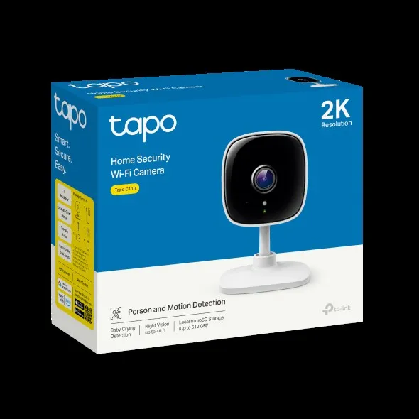 TP-Link Tapo C110 retail box showing 2K resolution and person detection features