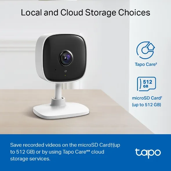 TP-Link Tapo C100 fixed indoor security camera on a desk