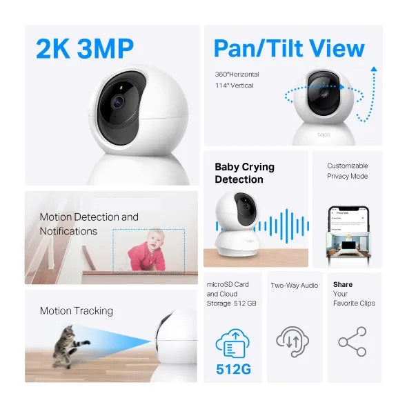 TP-Link Tapo C210 official feature overview: 2K 3MP, pan/tilt view, baby crying detection, motion tracking, 512GB local storage, two-way audio
