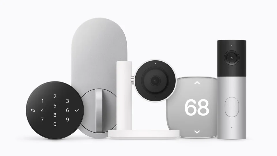 Apple Home Collection lineup showing the LG Smart Deadbolt Lock keypad, Indoor Cam, thermostat and Video Doorbell