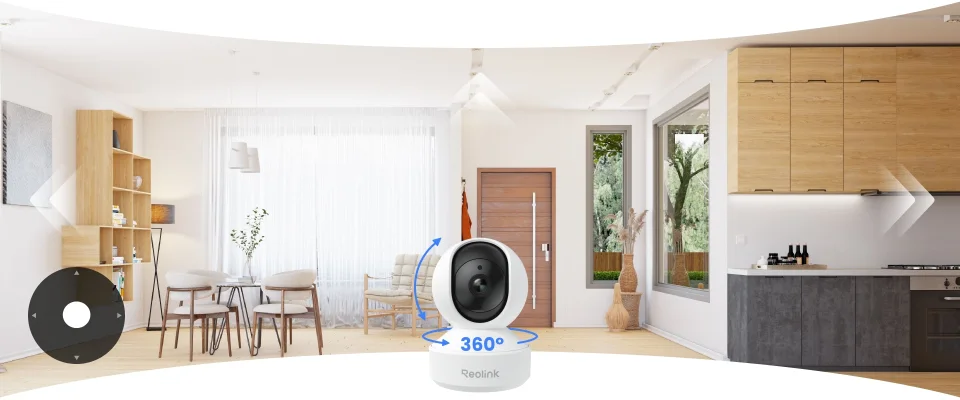 Reolink E1 pan-tilt camera showing 360-degree room coverage in a living room and kitchen