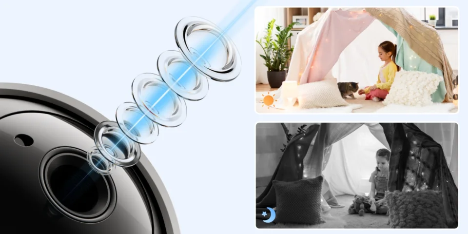 Close-up of the Reolink E1 lens with day and infrared night-vision views of a child playing