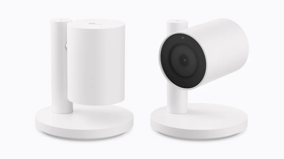 LG Indoor Cam Plug-In in white shown in two tilt positions, lens facing forward and body tilted down