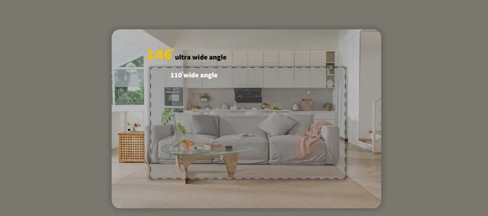 Living room diagram comparing the Aqara G2H Pro 146-degree ultra-wide angle with a 110-degree view
