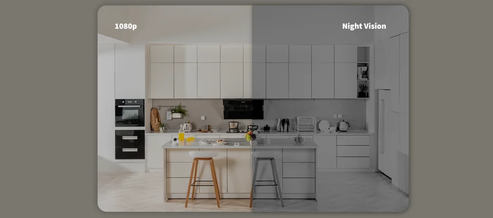 Kitchen shown split between a 1080p daytime view and a night-vision view