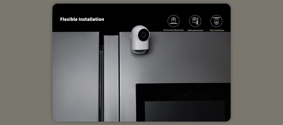 Aqara G2H Pro magnetically attached to a refrigerator, with horizontal, wall and flip installation icons