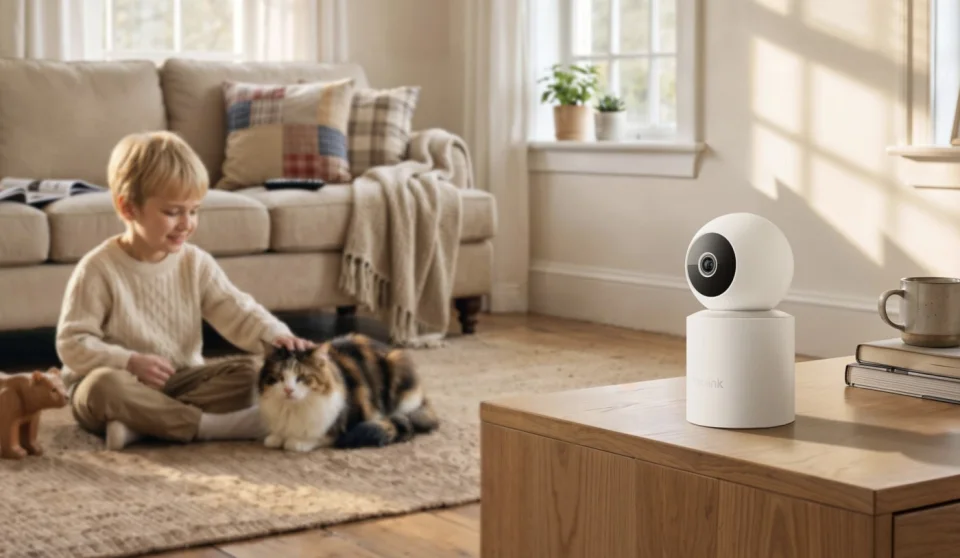 Reolink E1 Swift on a wooden cabinet in a living room while a child plays with a cat nearby