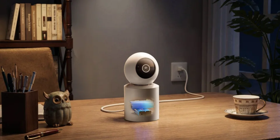 Reolink E1 Swift plugged in on a desk at night, with a cutaway showing the AA battery compartment in its base
