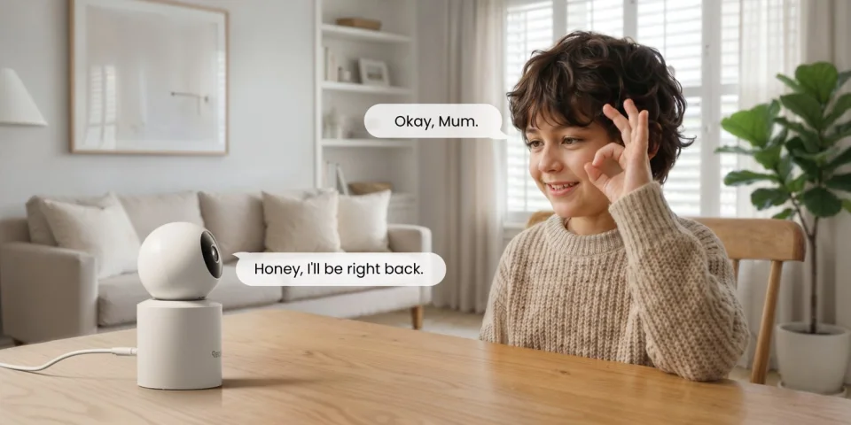 A child talking to a Reolink E1 Swift on a dining table using two-way audio