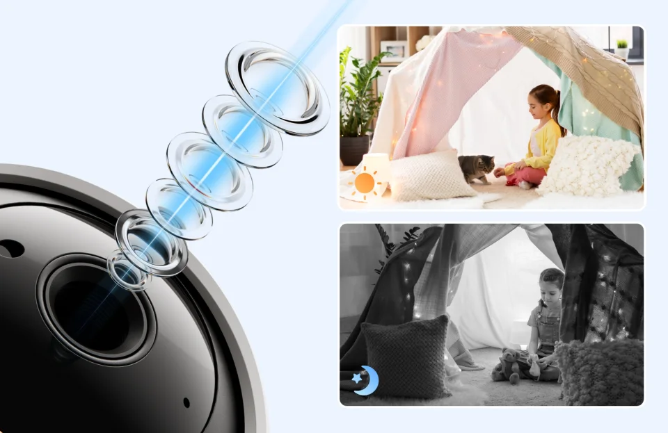 Close-up diagram of the Reolink E1 Pro lens with day and infrared night sample views