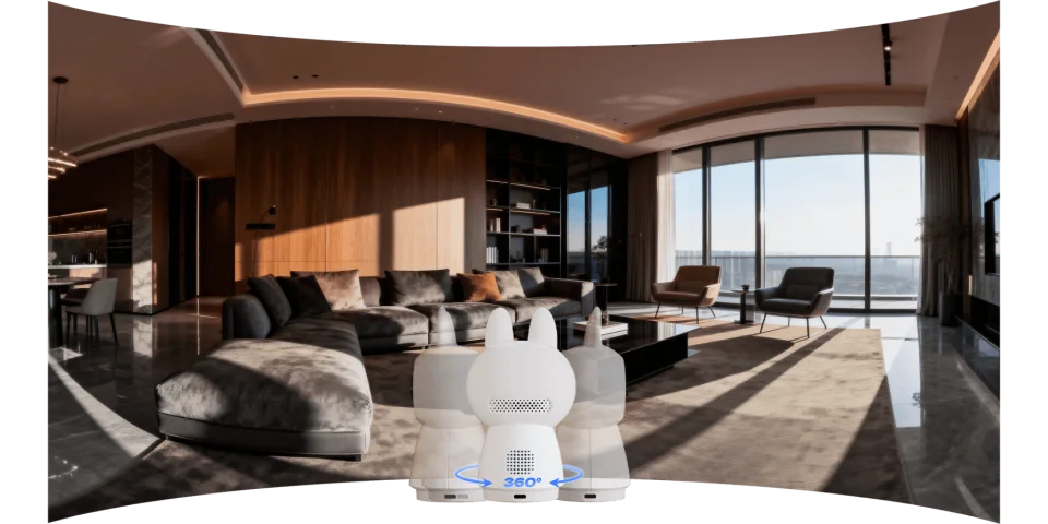Rear view of the Aqara Camera Hub G350 rotating 360 degrees in a panoramic living room