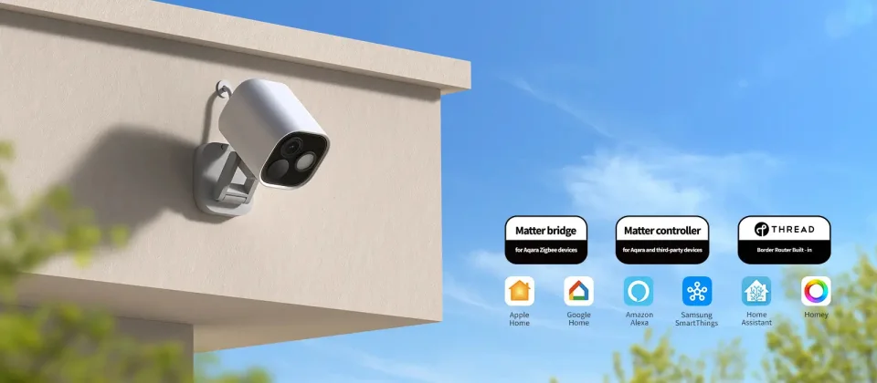 White Aqara Camera Hub G5 Pro mounted on an exterior wall with Matter bridge, Matter controller and Thread border router badges