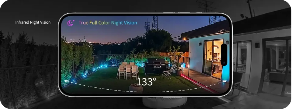 Phone showing the Aqara G5 Pro 133-degree True Full Color Night Vision view of a garden at night