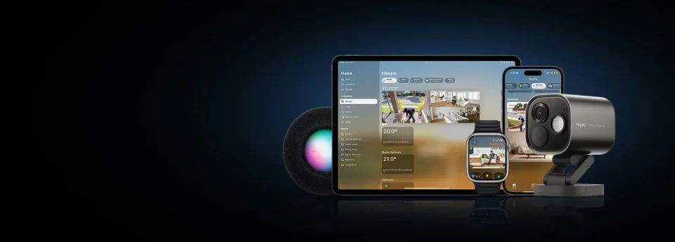 Gray Aqara Camera Hub G5 Pro beside a tablet, phone, watch and HomePod showing Apple Home