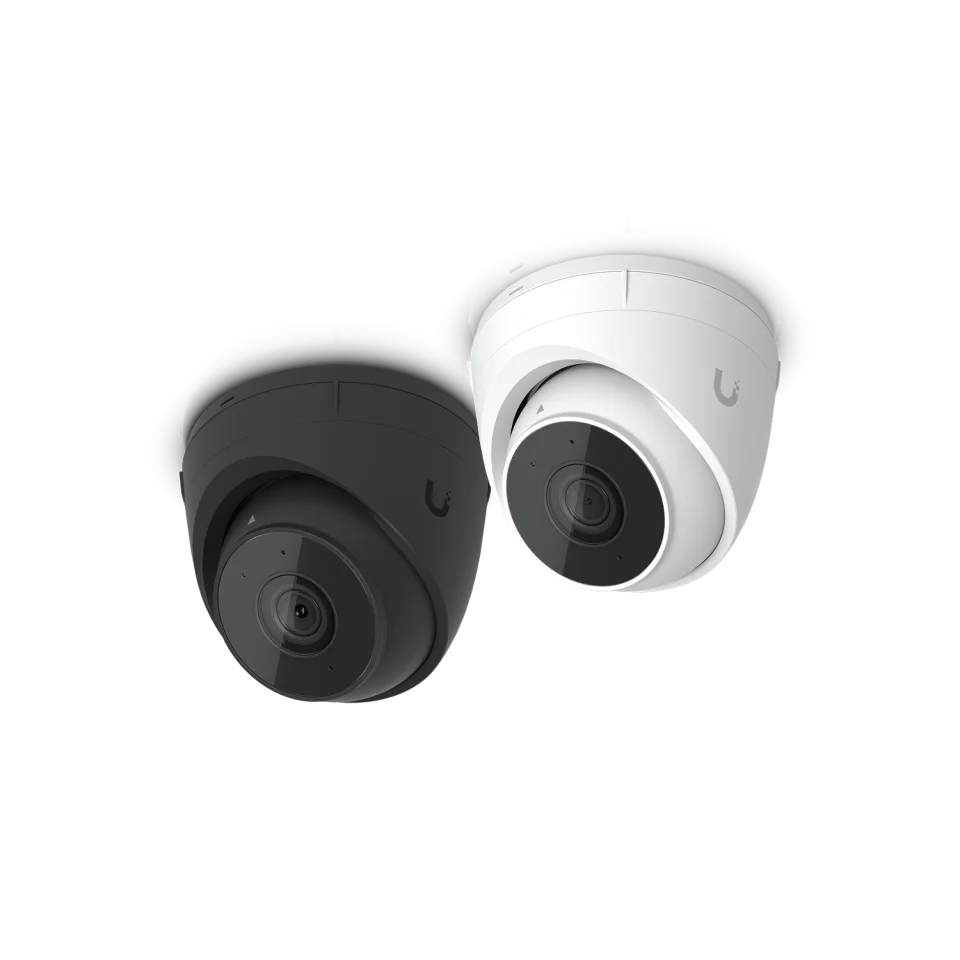 UniFi G5 Turret Ultra turret cameras in black and white on a black background