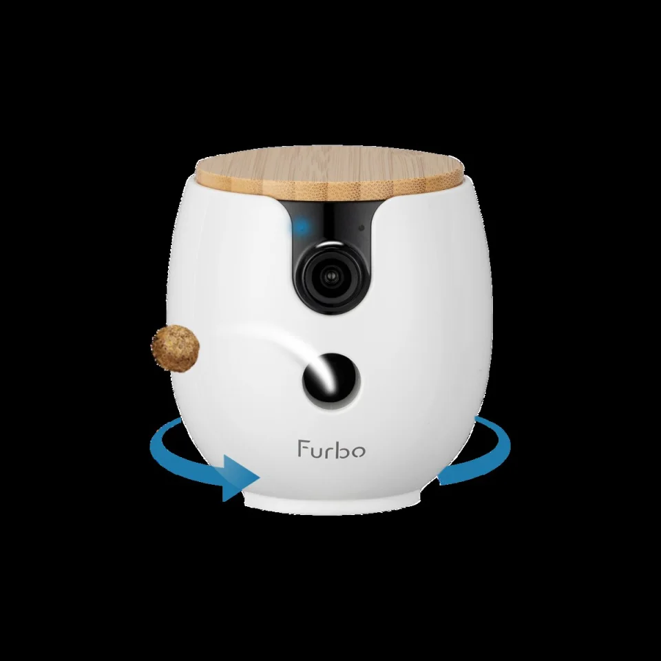 Annotated Furbo 360° Dog Camera diagram showing the Full HD camera, microphone, barking sensor, treat tosser, status indicator, speaker, bamboo wood cover and 360° rotating view, with dimensions 8.78 inches tall and 4.92 inches wide and weight 750g
