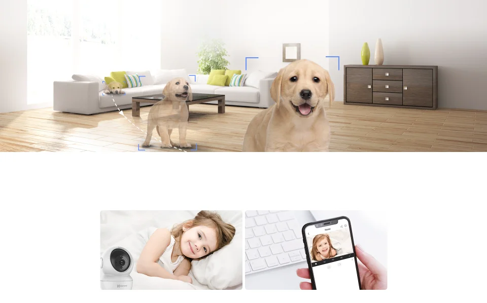 EZVIZ C6N smart tracking following a puppy across a living room, with two-way talk shown in the EZVIZ app