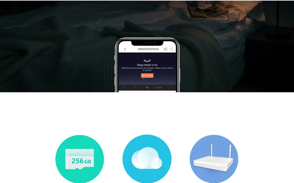 EZVIZ app showing C6N Sleep Mode is on, above icons for 256GB microSD, cloud and NVR storage