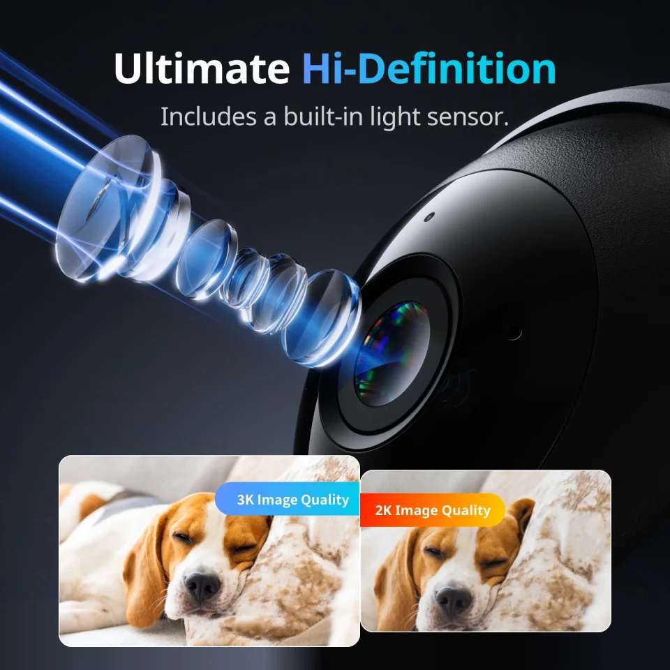 Close-up graphic of the camera lens elements with a 3K versus 2K image quality comparison of a sleeping dog