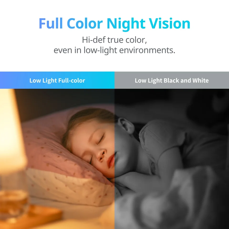 Split image comparing full-colour low-light vision with black-and-white night vision over a sleeping child