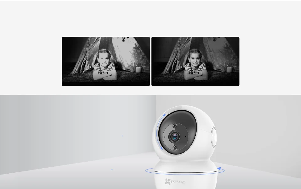EZVIZ C6N Smart IR night vision comparison above the camera with pan and tilt rotation arrows