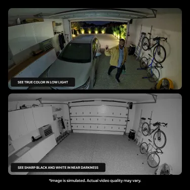 Ring Indoor Cam 4K simulated night vision comparison showing true colour in low light above and black-and-white in near darkness below