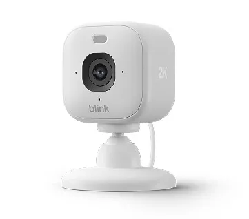 Blink Mini 2K+ in white, front three-quarter view showing the 2K mark on the side