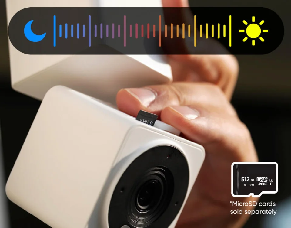 Hand inserting a microSD card into a white Wyze Cam Pan v4, with a 512 GB card graphic