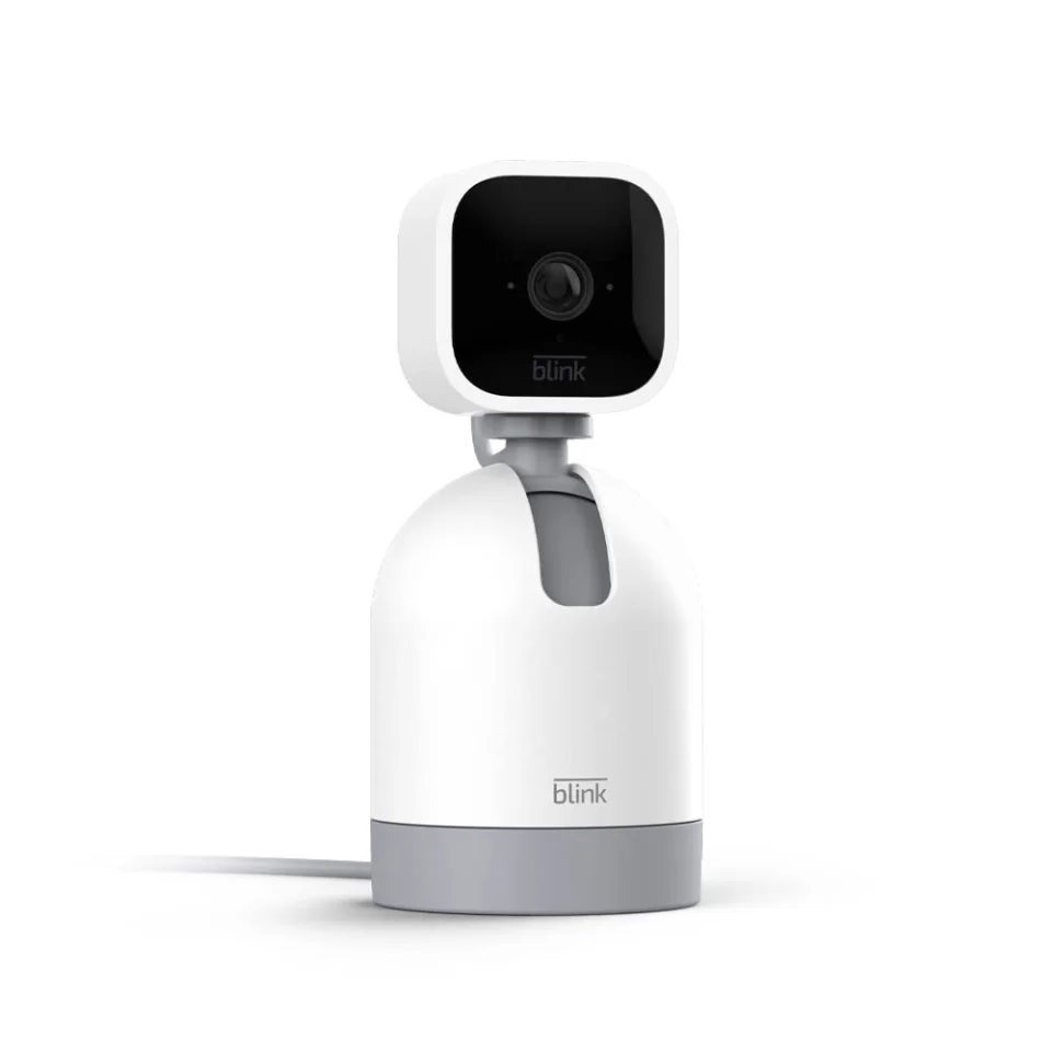 Blink Mini Pan-Tilt camera in white, front view on its motorized mount
