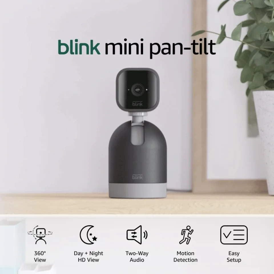 Blink Mini Pan-Tilt camera in black on a shelf, with 360 view, night view, two-way audio and motion detection icons
