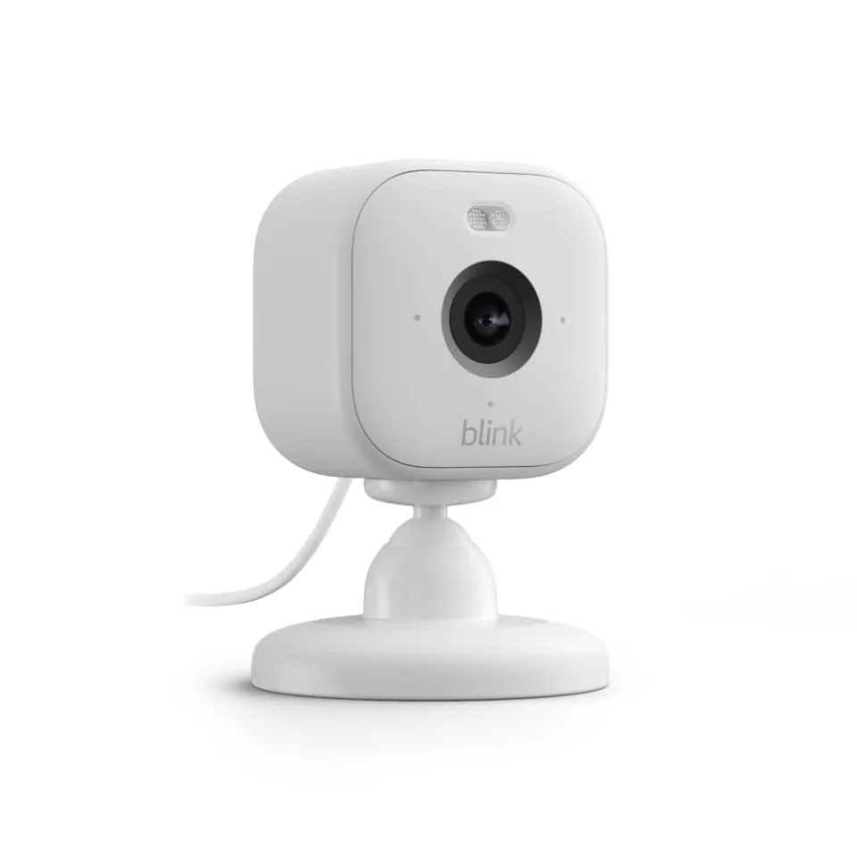 Blink Mini 2 plug-in indoor camera in white on its stand