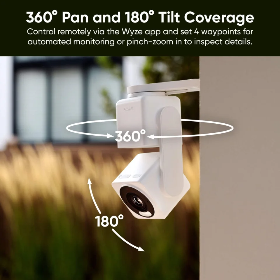 Wyze Cam Pan v4 mounted outdoors showing 360-degree pan and 180-degree tilt coverage