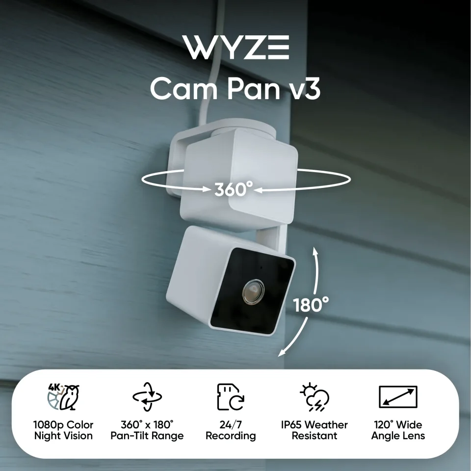 Wyze Cam Pan v3 mounted upside down outdoors showing 1080p color night vision and IP65 rating