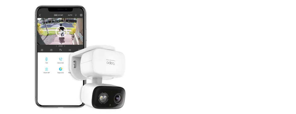 Tapo C216 camera in front of a smartphone showing the Tapo app at 2K 3MP, with Talk, Voice Call and Tapo Care controls