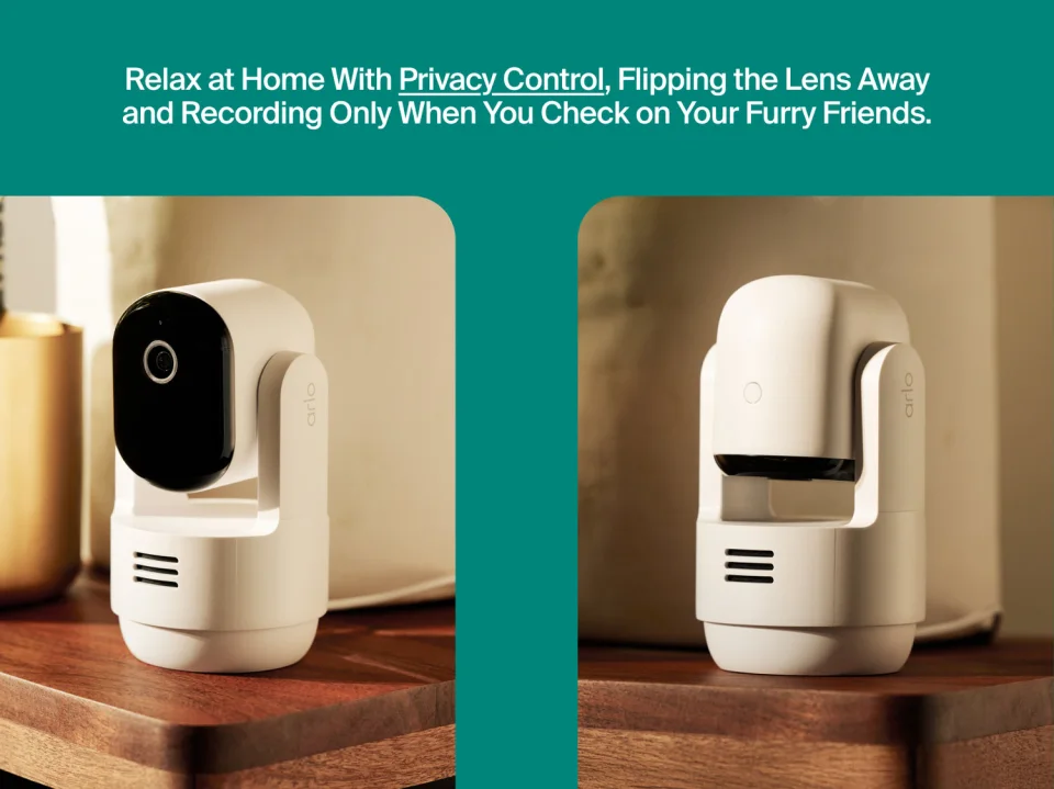Arlo Essential Pan Tilt Indoor Privacy Control graphic showing the camera with its lens out and flipped away